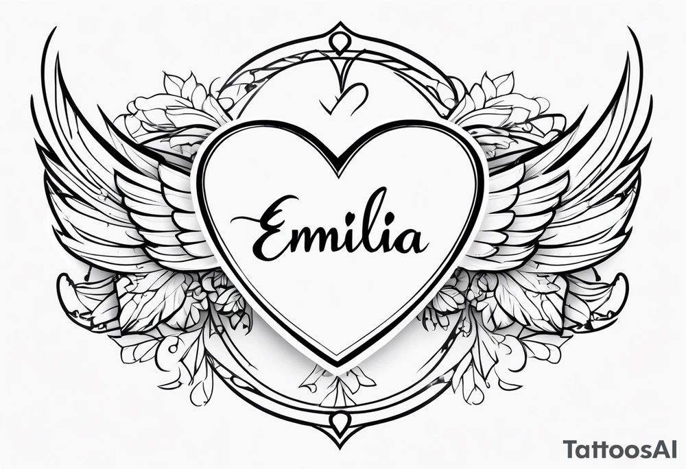 Emilia name with heart or wings tattoo idea
