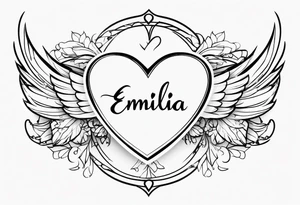 Emilia name with heart or wings tattoo idea