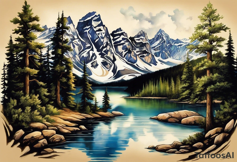 I want a large tattoo with a super realistic paw print, within the paw print I want a landscape and I want it to be lifelike texture and shading, especially on the nails. Inside the paw print, there's a detailed nature scene: mountains, a lake, a stream, and southern oak trees with wide canopies like a traditional southern background. Keep the peeks of the mountains soft. The sun peeks over the mountains, shining and reflecting over the land and water, with realistic shading for depth. Around the paw print, l'd like a splotchy, fading background for a natural, textured look, but without any animals. The overall style should be detailed and realistic, with strong shading and dimension. No color and very realistic in the paw. tattoo idea