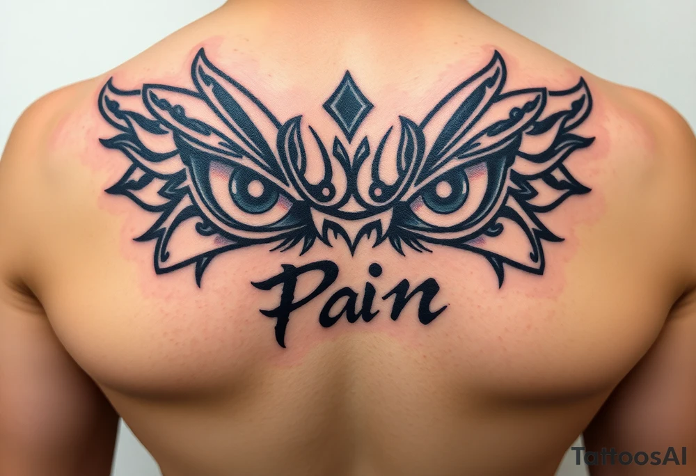 The Nagatto'rinneggan just the eyes with a word writed "Pain" in japanese tattoo idea