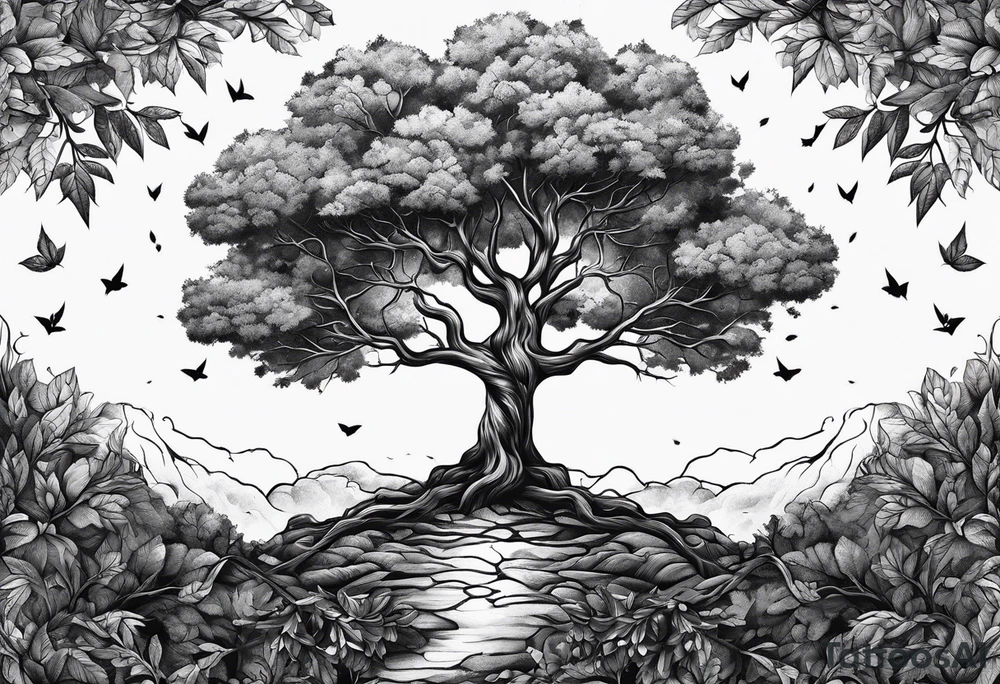 tree where leaves have fallen off only on one side tattoo idea