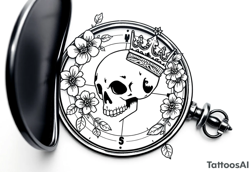 Compass with detailed beautiful gothic boho flowers on vine and skull with gorgeous crown tattoo idea