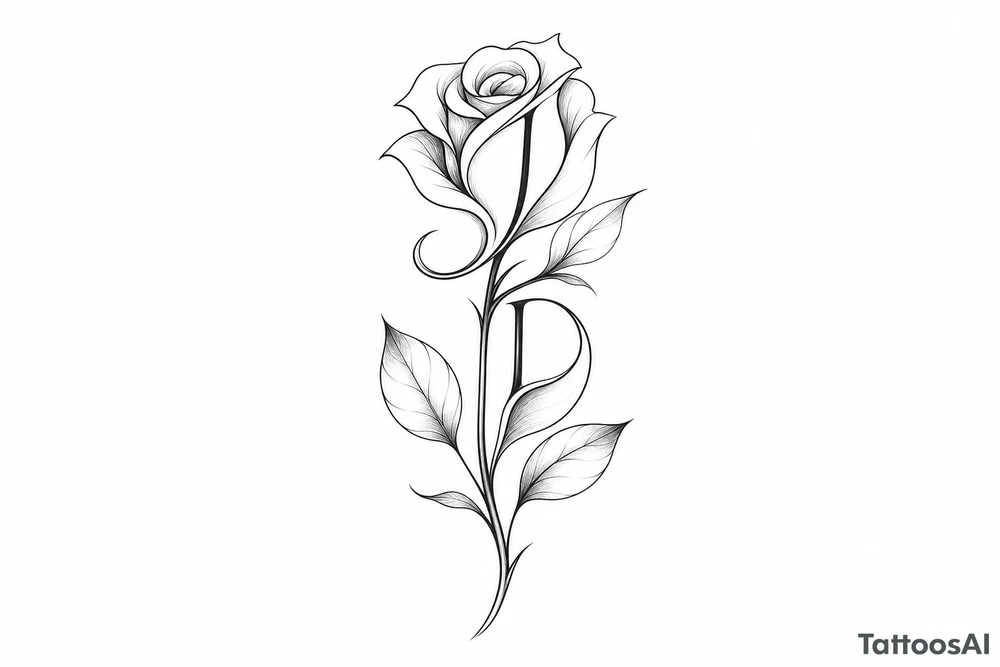 Intertwined J and D hidden within rose petals and leaves. less details more minimalist tattoo idea