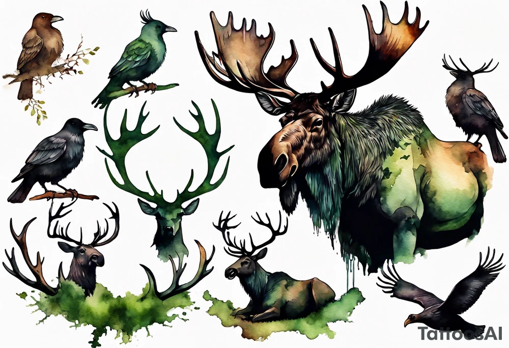 dark shadow birds perched on the antlers of a giant moose covered in moss tattoo idea