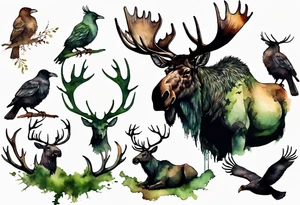 dark shadow birds perched on the antlers of a giant moose covered in moss tattoo idea