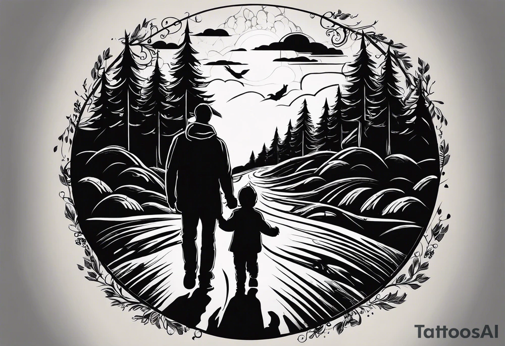 the following text: Come take my hand
We walk this road together 
through the storm
Whatever weather 
cold or warm
you're not alone
we're on the same road

plus a father and son picture with a football walking on a way 

plus a baby hand hold by an adult hand tattoo idea