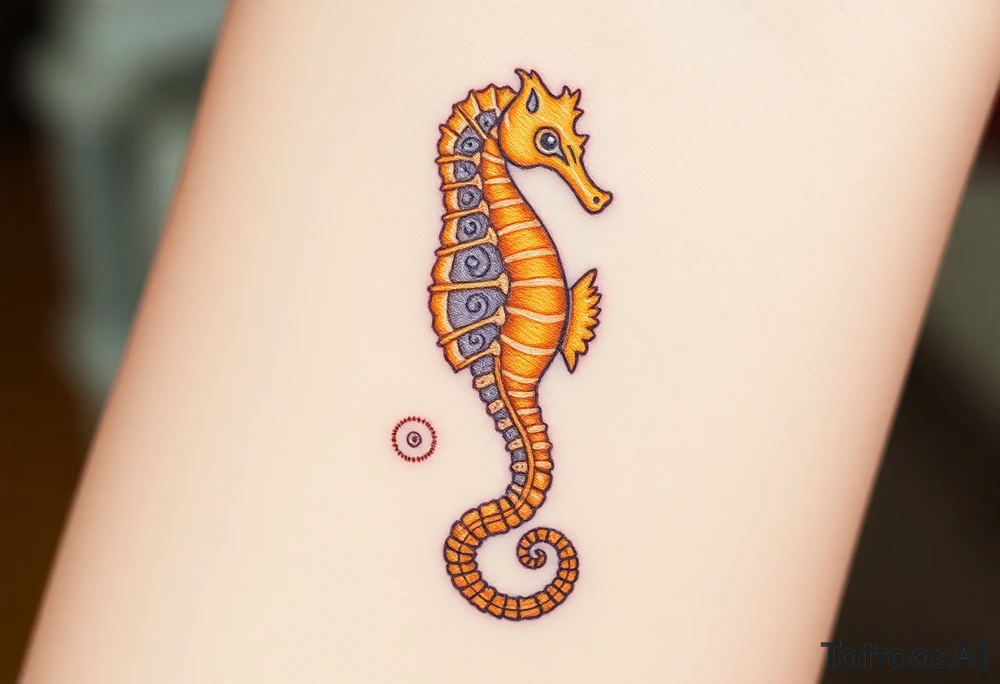 A majestic golden seahorse with delicate filigree engravings tattoo idea