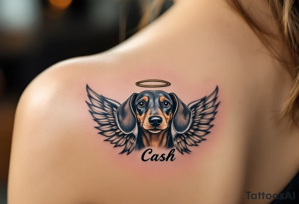 Dachshund ears between wings with a halo above and the name Cash tattoo idea