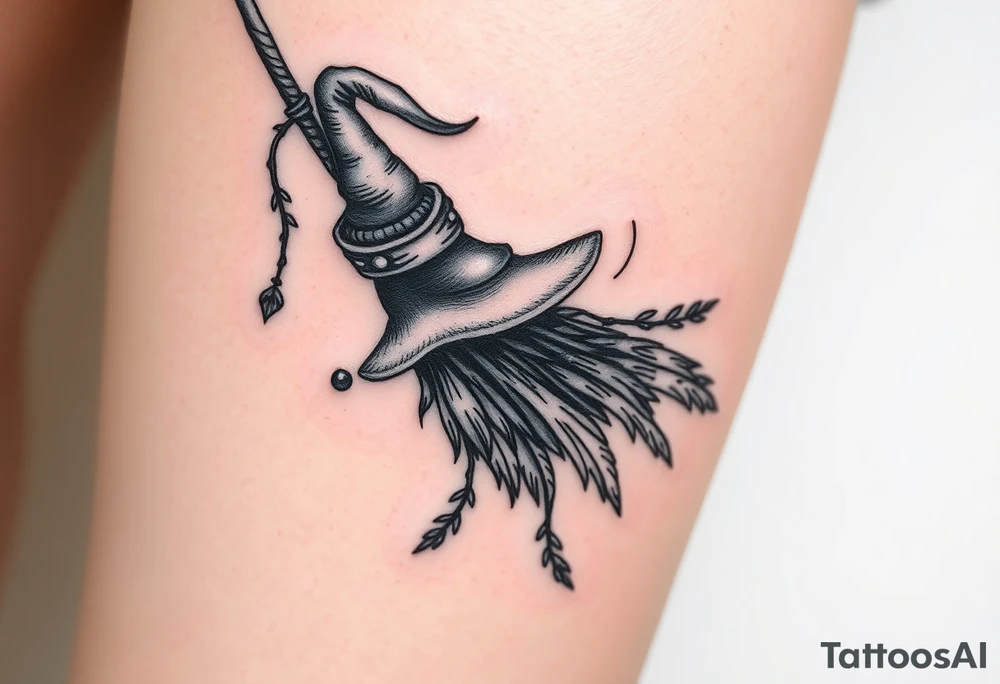Which is broom with a witches hat with vines and feathers 
Smaller broom with hat placed on top or in the middle
Feminine and on a leg tattoo idea