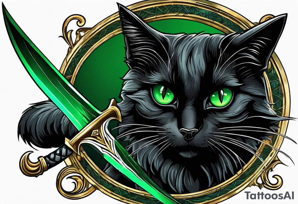 Black cat with green eyes hissing with its tail wrapped around the hilt of a sword tattoo idea