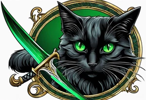 Black cat with green eyes hissing with its tail wrapped around the hilt of a sword tattoo idea