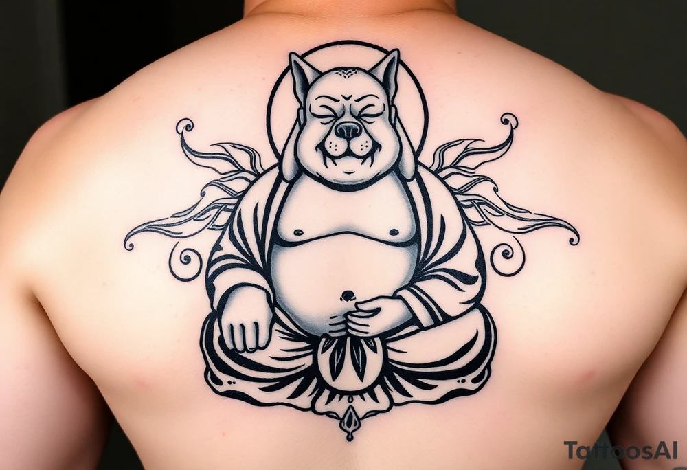Meditating fat Buddha with happy dog head tattoo idea