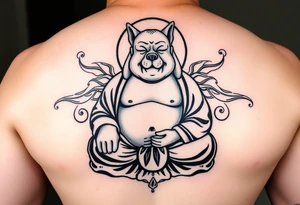 Meditating fat Buddha with happy dog head tattoo idea