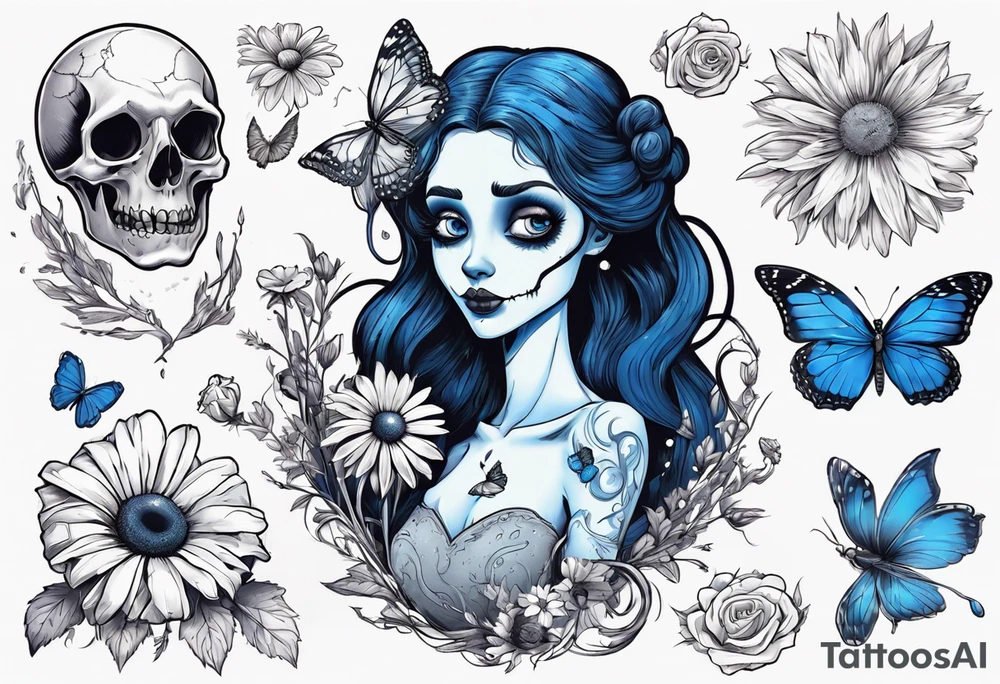 corpse bride Emily holding a bouquet of flowers. one white daisy in the bouquet. one blue butterfly. A full moon on the background. full grown tattoo idea