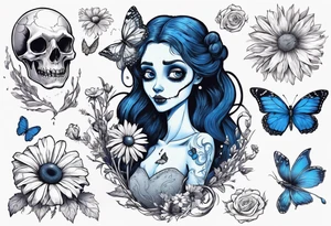 corpse bride Emily holding a bouquet of flowers. one white daisy in the bouquet. one blue butterfly. A full moon on the background. full grown tattoo idea