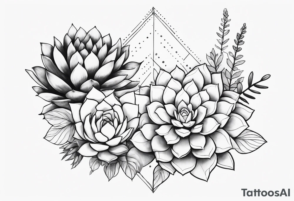 fine line. one big succulent in the middle. Two smaller succulents on the side. Dots and floral
. Sternum tattoo grey scale shading tattoo idea