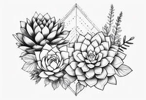 fine line. one big succulent in the middle. Two smaller succulents on the side. Dots and floral
. Sternum tattoo grey scale shading tattoo idea