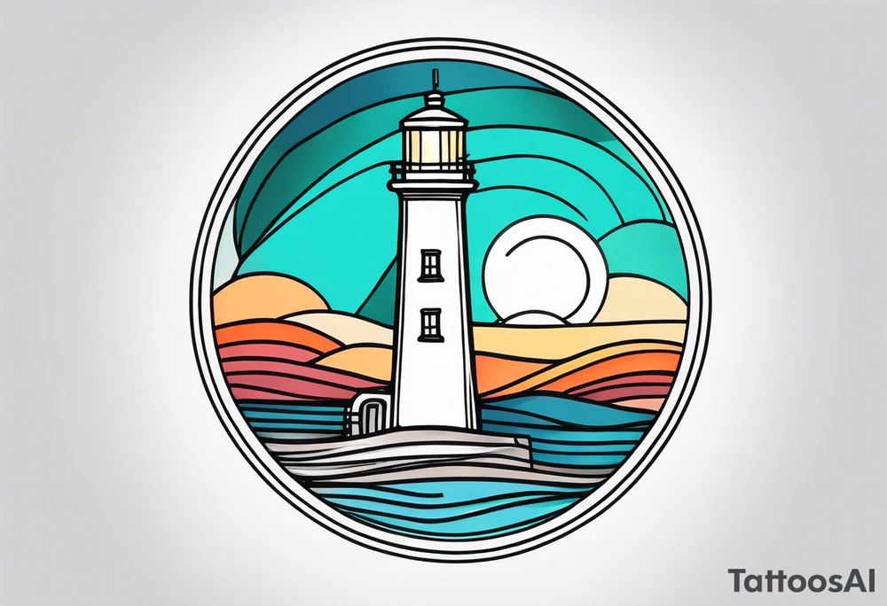 lighthouse fluid lines and circle framed, colored tattoo idea