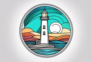 lighthouse fluid lines and circle framed, colored tattoo idea