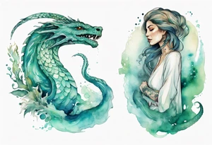 a sea serpent next to a women with blue-green in a white tunic tattoo idea
