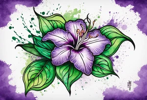 A mystical outline of a dipladenia flower and a green/purple watercolor splatter in the background to make the flower mainly green with purple highlights tattoo idea