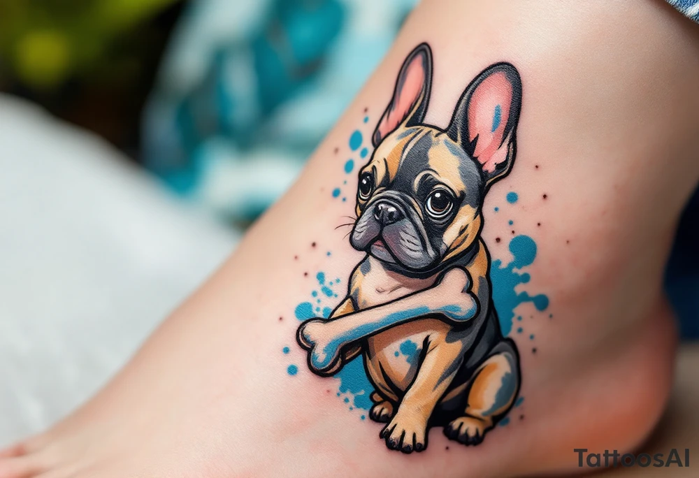 Cartoon-style French Bulldog holding a bone, with exaggerated ears and light fawn fur, outlined in black with splashes of blue. tattoo idea