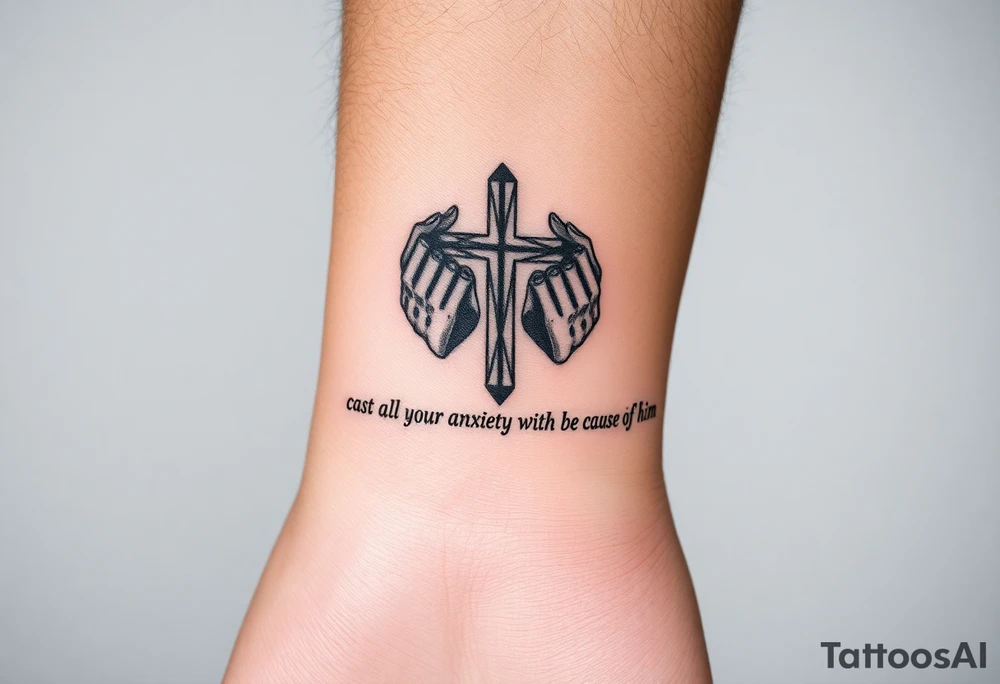 cast all your anxiety on him because he cares for you" with a cross and hands tattoo idea