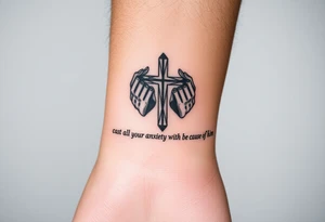 cast all your anxiety on him because he cares for you" with a cross and hands tattoo idea