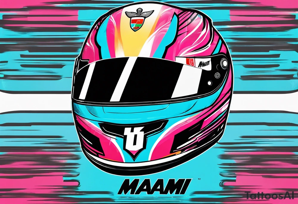 formula 1 helment with miami name and black light blue and pink colors tattoo idea