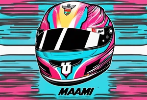 formula 1 helment with miami name and black light blue and pink colors tattoo idea