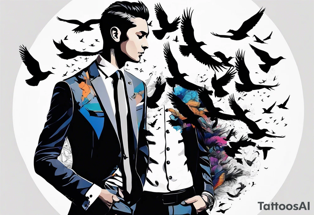 Sleeve tattoo silhouette of a man wearing a suit morphing into a flock of birds tattoo idea