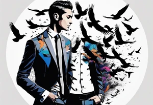 Sleeve tattoo silhouette of a man wearing a suit morphing into a flock of birds tattoo idea