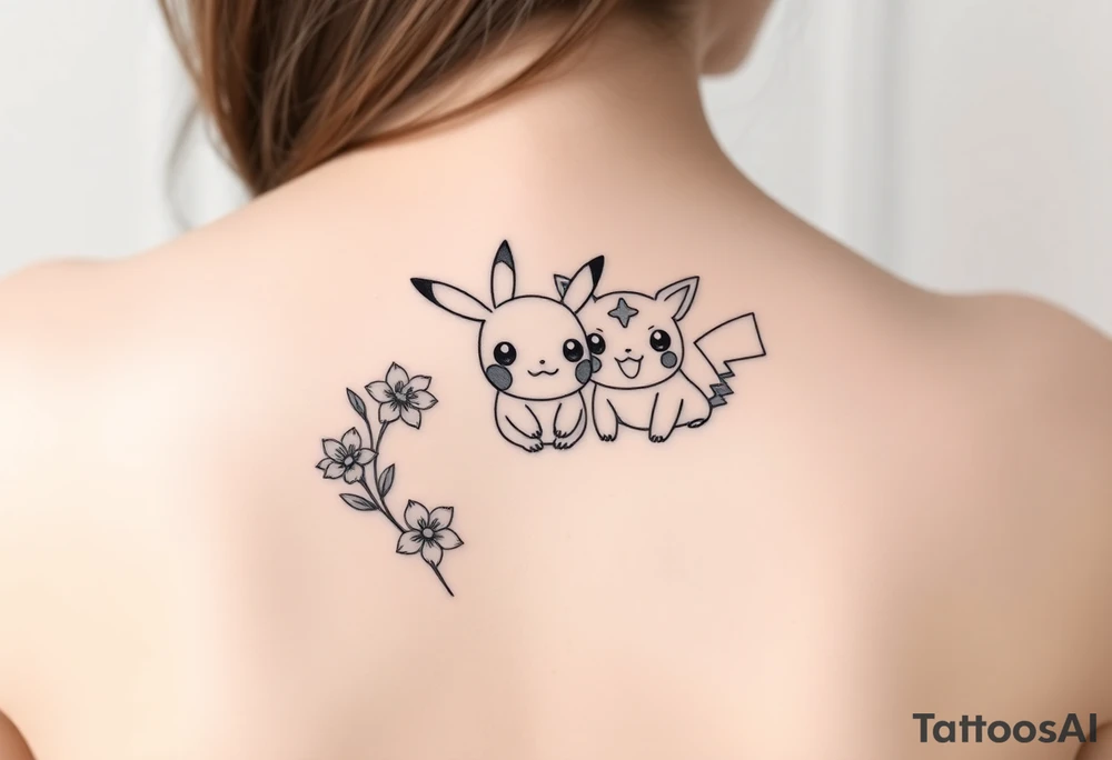 Thin outline of daffodil flowers, narcissist flowers, a cute Pikachu and a cute Bulbasaur together tattoo idea