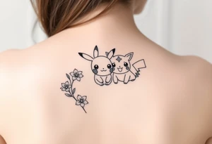 Thin outline of daffodil flowers, narcissist flowers, a cute Pikachu and a cute Bulbasaur together tattoo idea