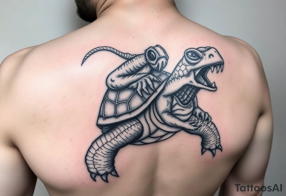 An insane creature with alien eyes riding a turtle who has a giant open mouth and long teeth tattoo idea