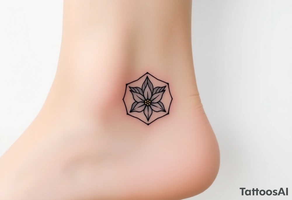 Faint Hexagon with astrological sign for Leo, larkspur and water lilies in the center tattoo idea