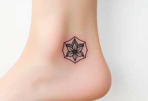 Faint Hexagon with astrological sign for Leo, larkspur and water lilies in the center tattoo idea