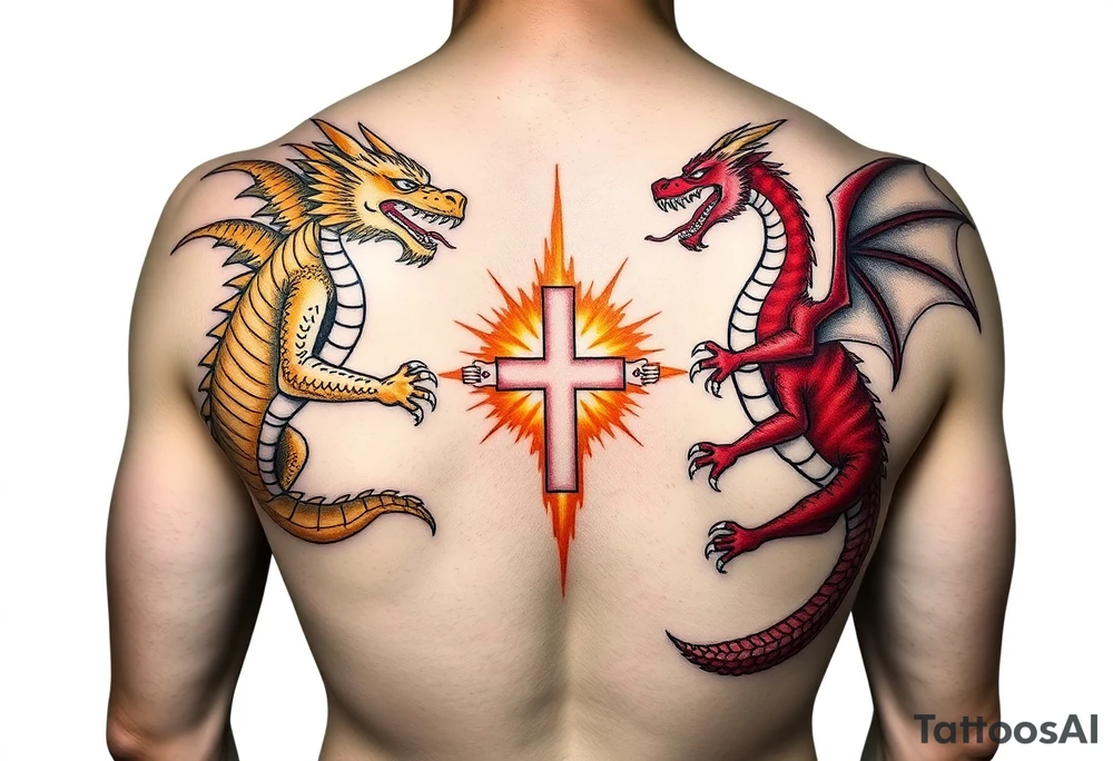 Golden dragon on left shoulder, chest and arm breathing fire at a red dragon on right quad and lower right abdomen breathing fire at the gold dragon with Jesus in the middle of a forcefield blocking fire from both dragons. tattoo idea