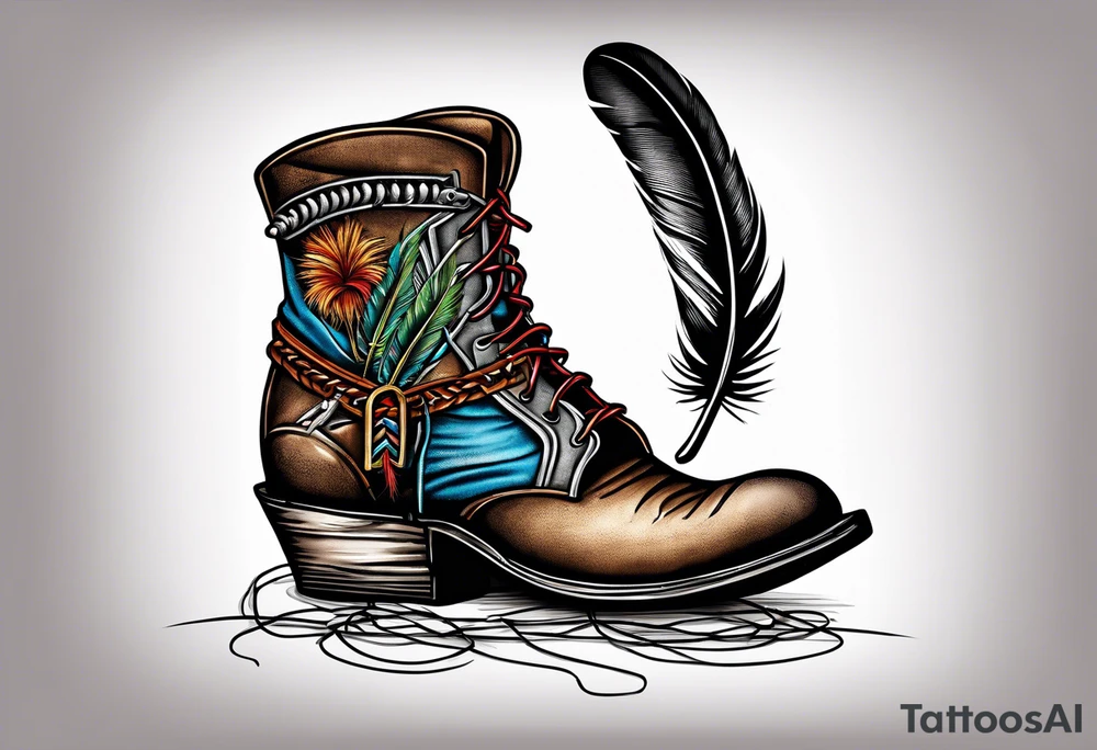 Boots with barbed wire wrapped around and a Indian feather hanging off the wire cowboy hat hanging off the boots tattoo idea