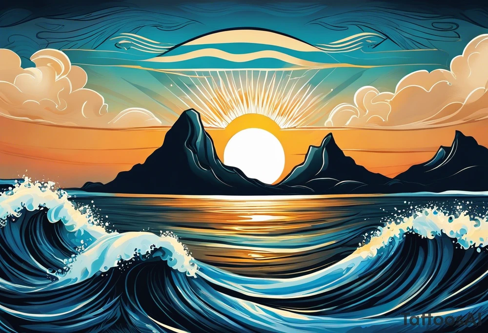 The letters "Pura Vida" forming the gentle curves of ocean waves, with the "i" in "Vida" extending into a mountain peak. The sun could be subtly incorporated above the letters. It creates a harmonious blend of nature and the phrase. tattoo idea