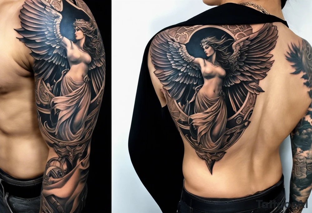 A full tattoo sleeve inspired by Greek mythology, featuring a powerful and masculine design. The sleeve includes a depiction of the Greek goddess Athena, portrayed with a strong and authoritative presence, symbolizing wisdom and strength. However, she is not the main focal point. The centerpiece is a dramatic image of a fallen angel, wings outstretched as it descends, symbolizing struggle and redemption. The design is bold, with sharp contrasts and clean lines, emphasizing the dynamic movement of the falling angel. Surrounding these figures, incorporate a mandala effect with geometric patterns that add a sense of order amidst the chaos. Additional elements such as an owl with fierce eyes, a warrior's helmet, and olive branches are woven throughout, adding depth and reinforcing the mythological theme. The overall aesthetic is intense and rugged, blending elements of power, wisdom, and fallen glory into a cohesive, masculine design. tattoo idea