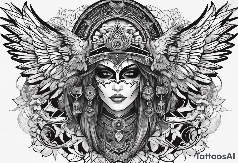 black kali, goddess pirate, alien, pachamama, valkrye, warrior, skull, lotus azul, wing, eagle, zenza resonance, stars, 5D tattoo idea