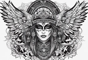 black kali, goddess pirate, alien, pachamama, valkrye, warrior, skull, lotus azul, wing, eagle, zenza resonance, stars, 5D tattoo idea
