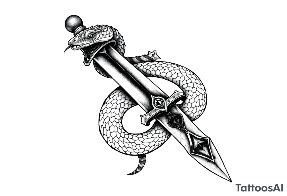 mystical snake coiled around an ancient dagger with jeweled hilt tattoo idea