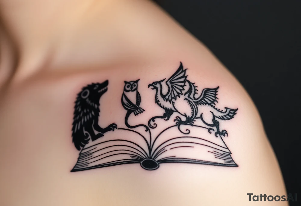 An open book with black silhouettes of a werewolf, an owl, a dragon & a phoenix coming out of the book tattoo idea