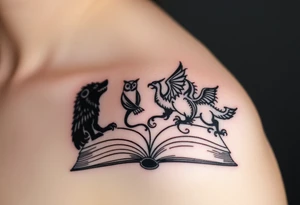 An open book with black silhouettes of a werewolf, an owl, a dragon & a phoenix coming out of the book tattoo idea