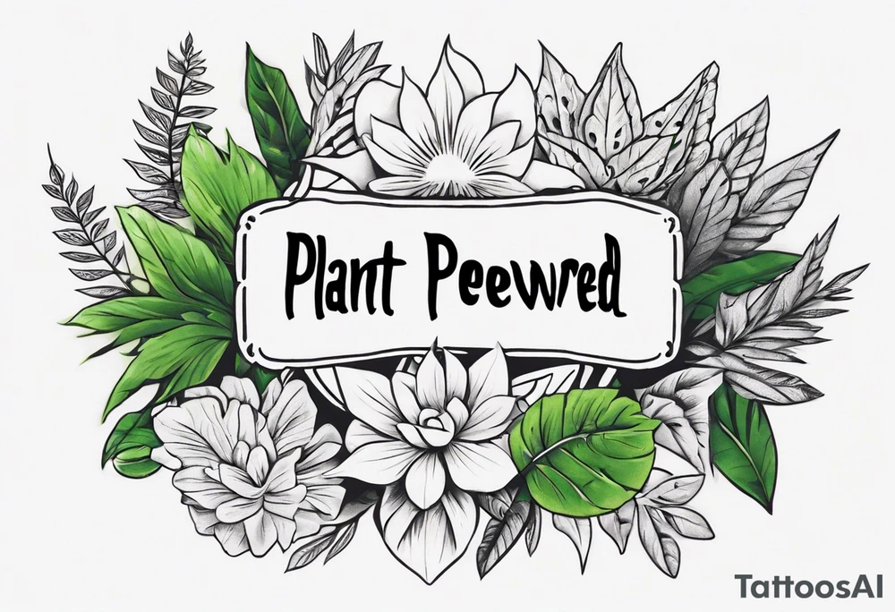 Arm band tattoo spelling ‘Plant Powered’ with plants tattoo idea