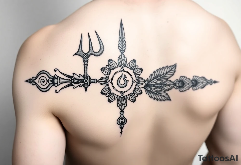 Intricate Hindu spiritual arm band tattoo featuring Lord Shiva’s Trishul as the central element, with one prong designed as Hanuman’s Gada and the other adorned with Shri Krishna’s peacock feather, a detailed Shiva Damru placed at the center of the Trishul, fine line art with black ink, symmetrical design wrapping around the arm, traditional Indian sacred motifs, dotwork and shading for depth, highly detailed, divine and powerful aesthetic" tattoo idea