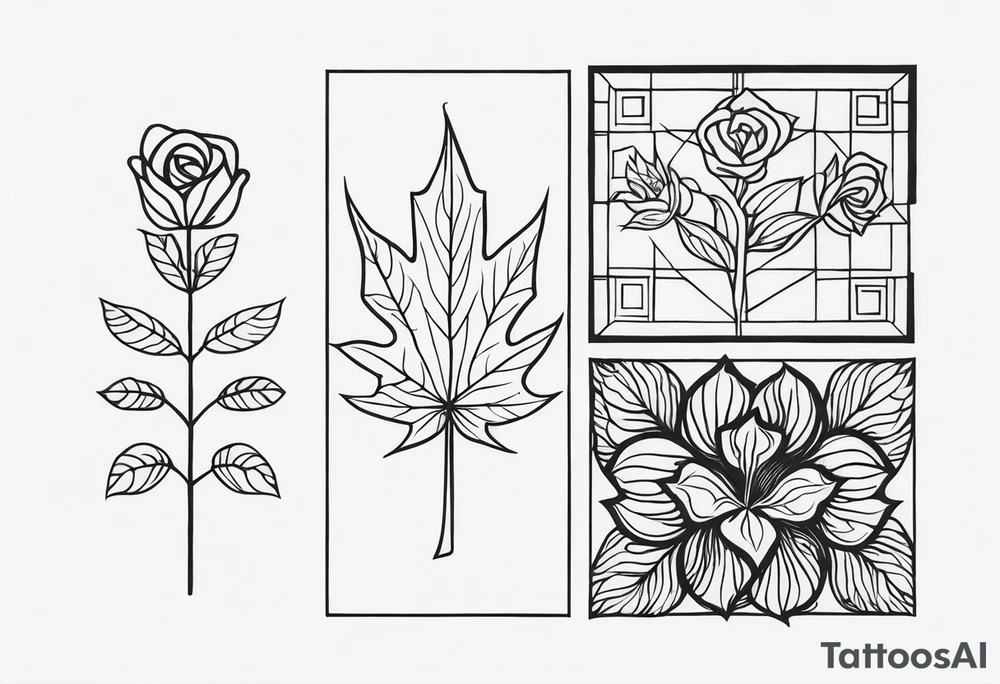 three same-sized rectangles arranged asymmetrically, incorporating a maple leaf and a tudor rose tattoo idea