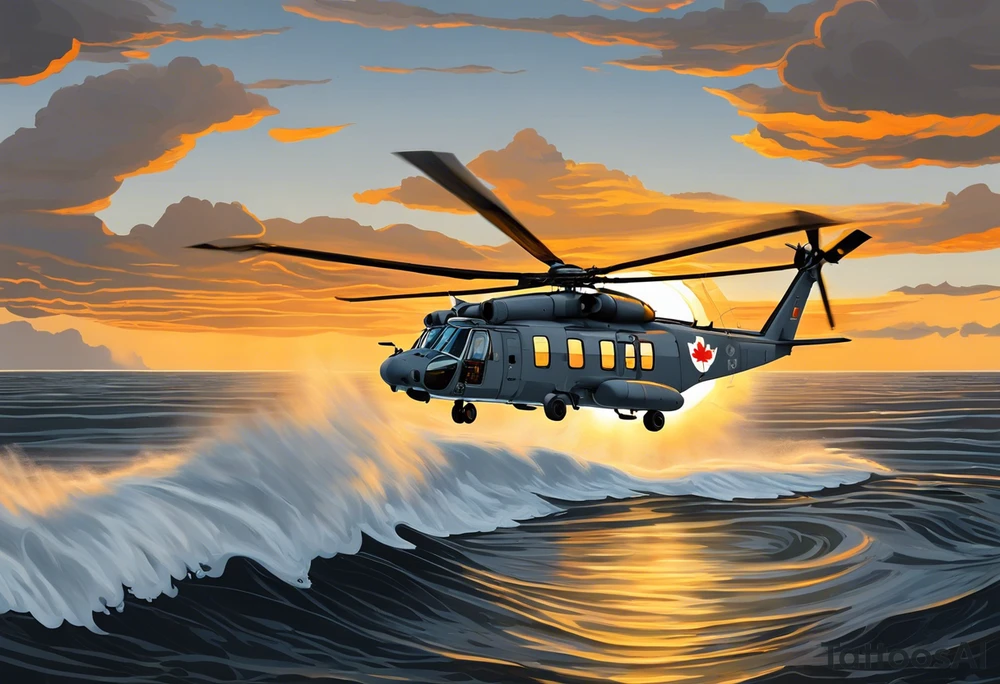 Canadian military grey CH-148 Cyclone helicopter soaring low over rough, ocean waves. The sun is setting, casting a dramatic glow on the scene with realistic clouds and a specular reflection of the helicopter on the water. The helicopter should be the main focus, with intricate details and a sense of motion. In the background, a poppy be prominently displayed tattoo idea